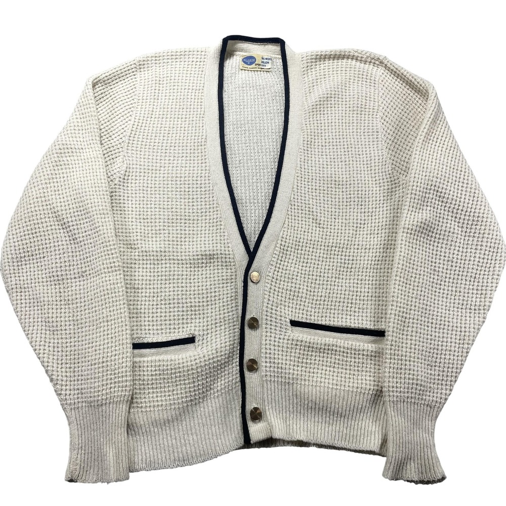 Vintage 60s Pilgrim Sweater Mens Small White Wool Knit Cardigan Black Trim USA